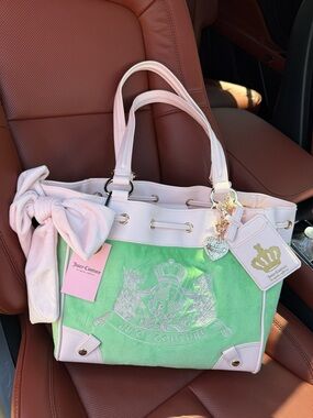 Juicy Couture Pink Trim Green Canvas Tote with Bow